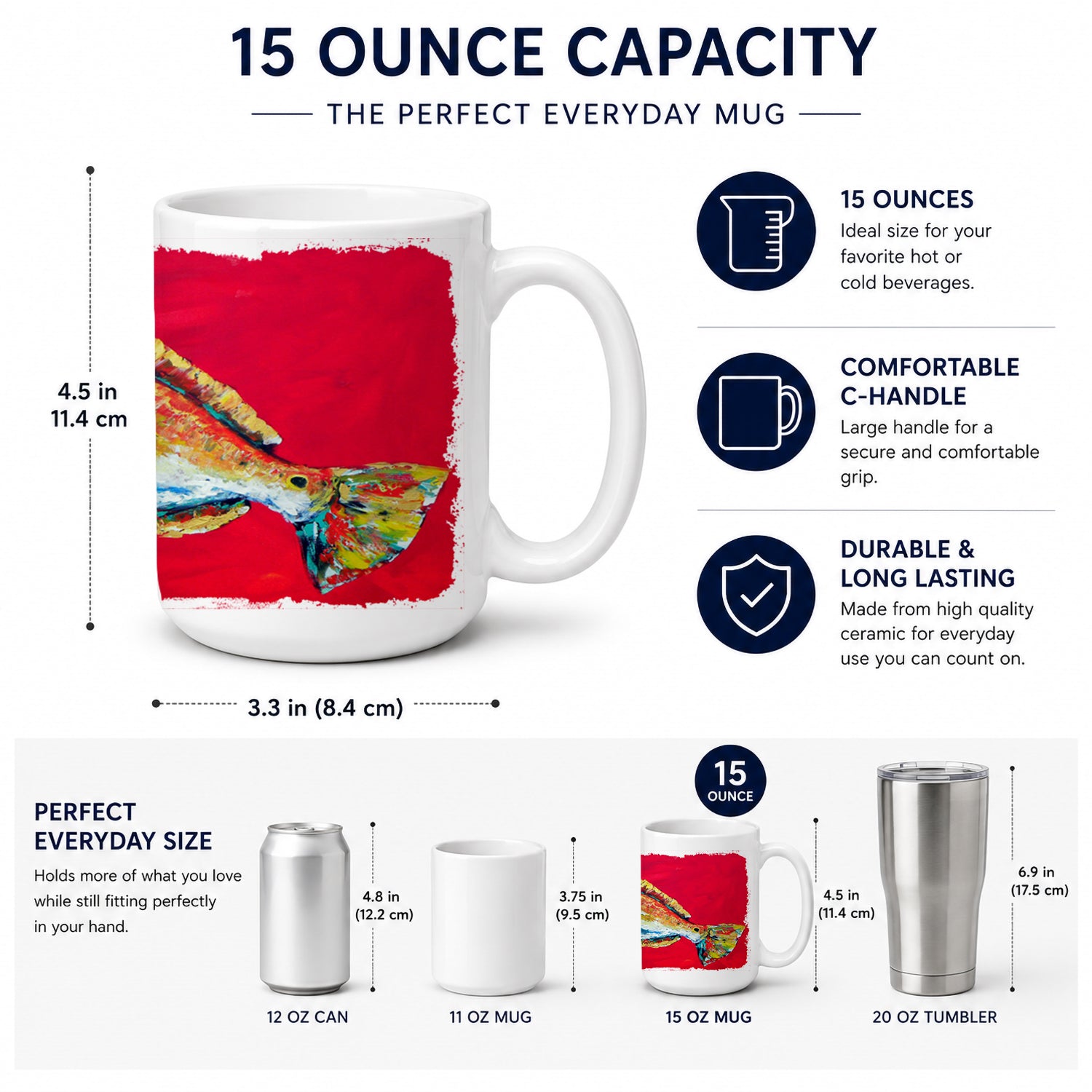 Fish - Red Fish Woo Hoo Ceramic Coffee Mug 15 oz Decorative Large C Handle Mug Cup for Tea, Cocoa Hot Chocolate