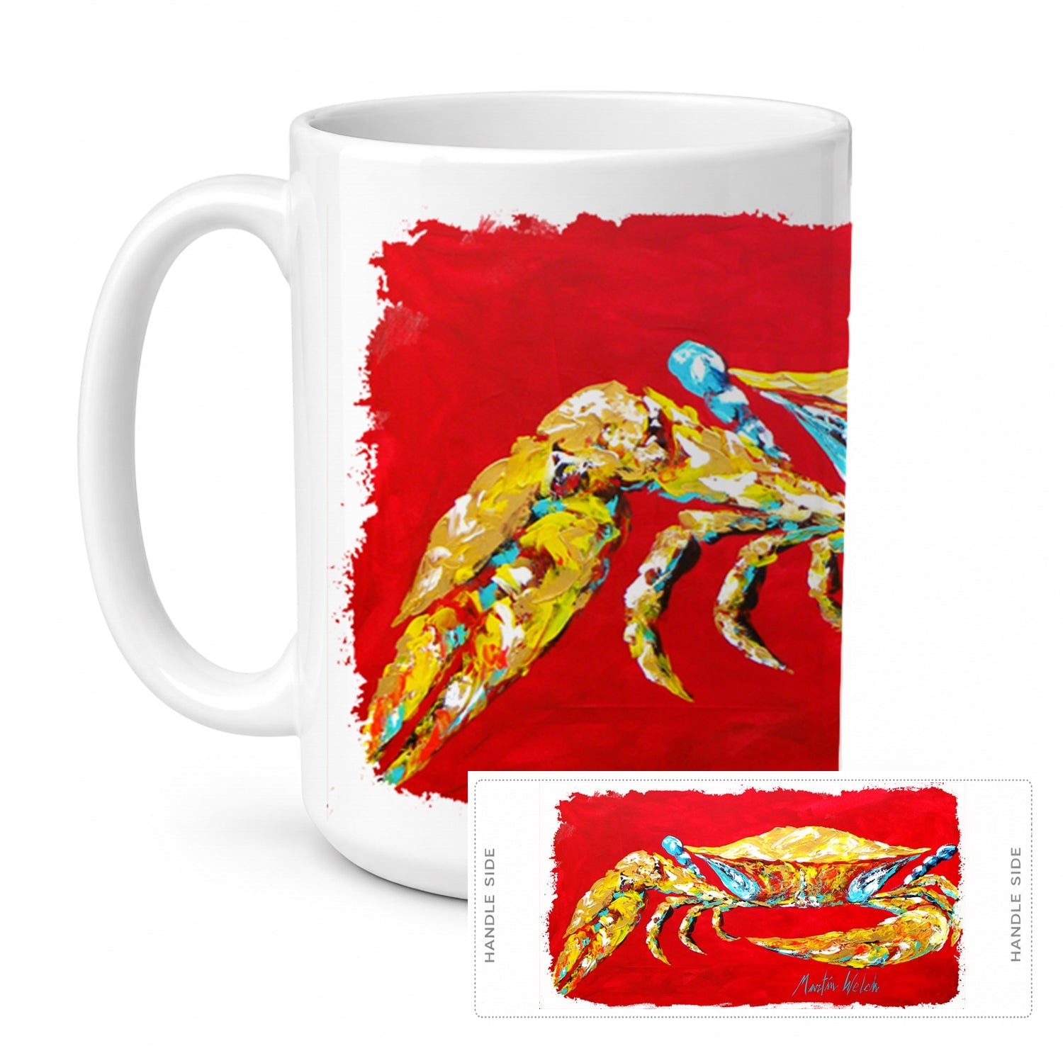 Crab Blue on Red, Sr Ceramic Coffee Mug 15 oz Decorative Large C Handle Mug Cup for Tea, Cocoa Hot Chocolate