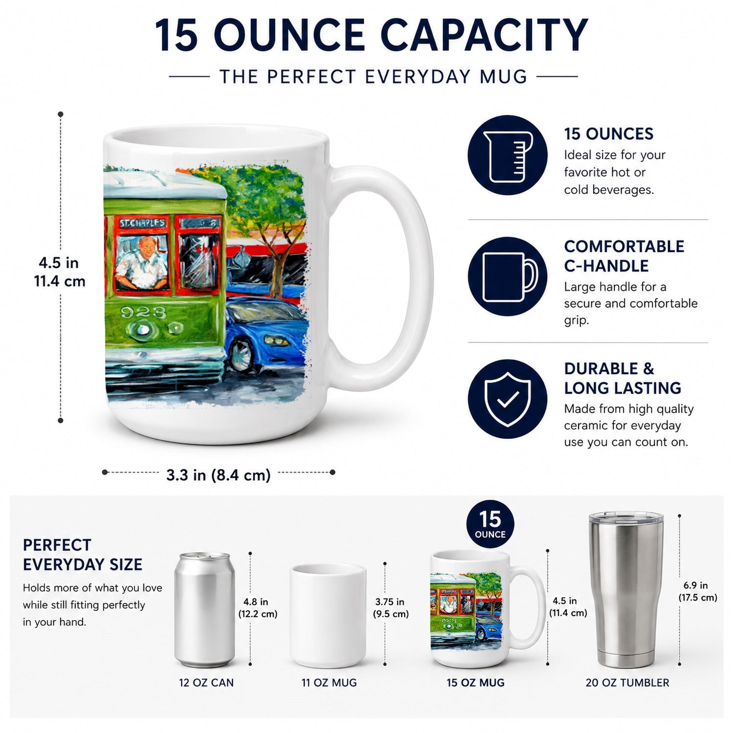 Street Car Ceramic Coffee Mug 15 oz Decorative Large C Handle Mug Cup for Tea, Cocoa Hot Chocolate