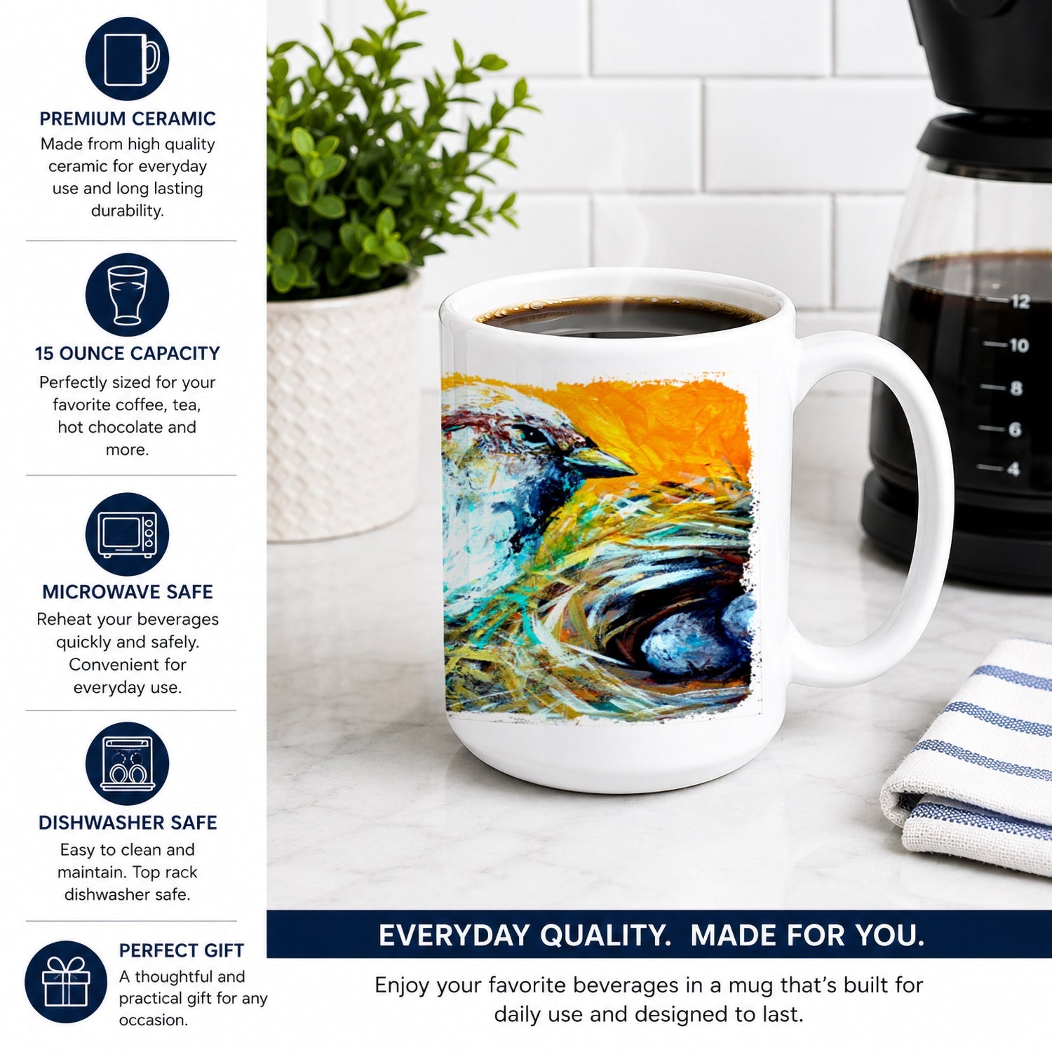 Look at the Birdie Ceramic Coffee Mug 15 oz Decorative Large C Handle Mug Cup for Tea, Cocoa Hot Chocolate