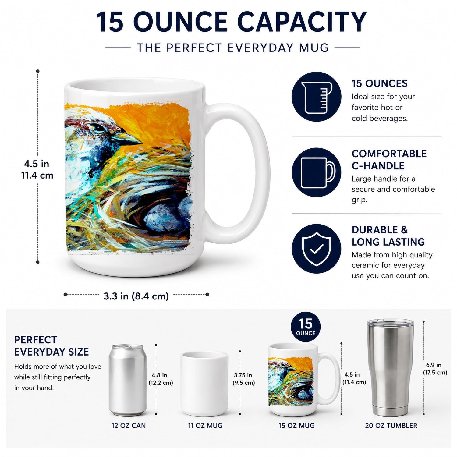 Look at the Birdie Ceramic Coffee Mug 15 oz Decorative Large C Handle Mug Cup for Tea, Cocoa Hot Chocolate