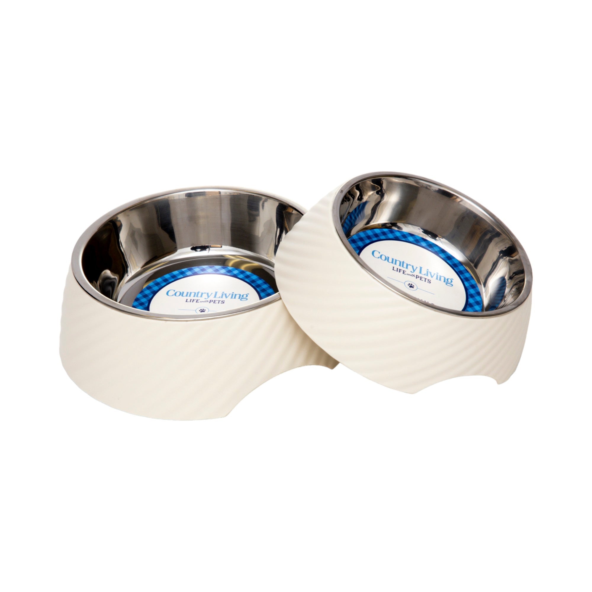 Country Living Set of 2 Round Twill Melamine Dog Bowls with Removable Stainless Steel Inserts – White Swan - BIG FRENCHIES
