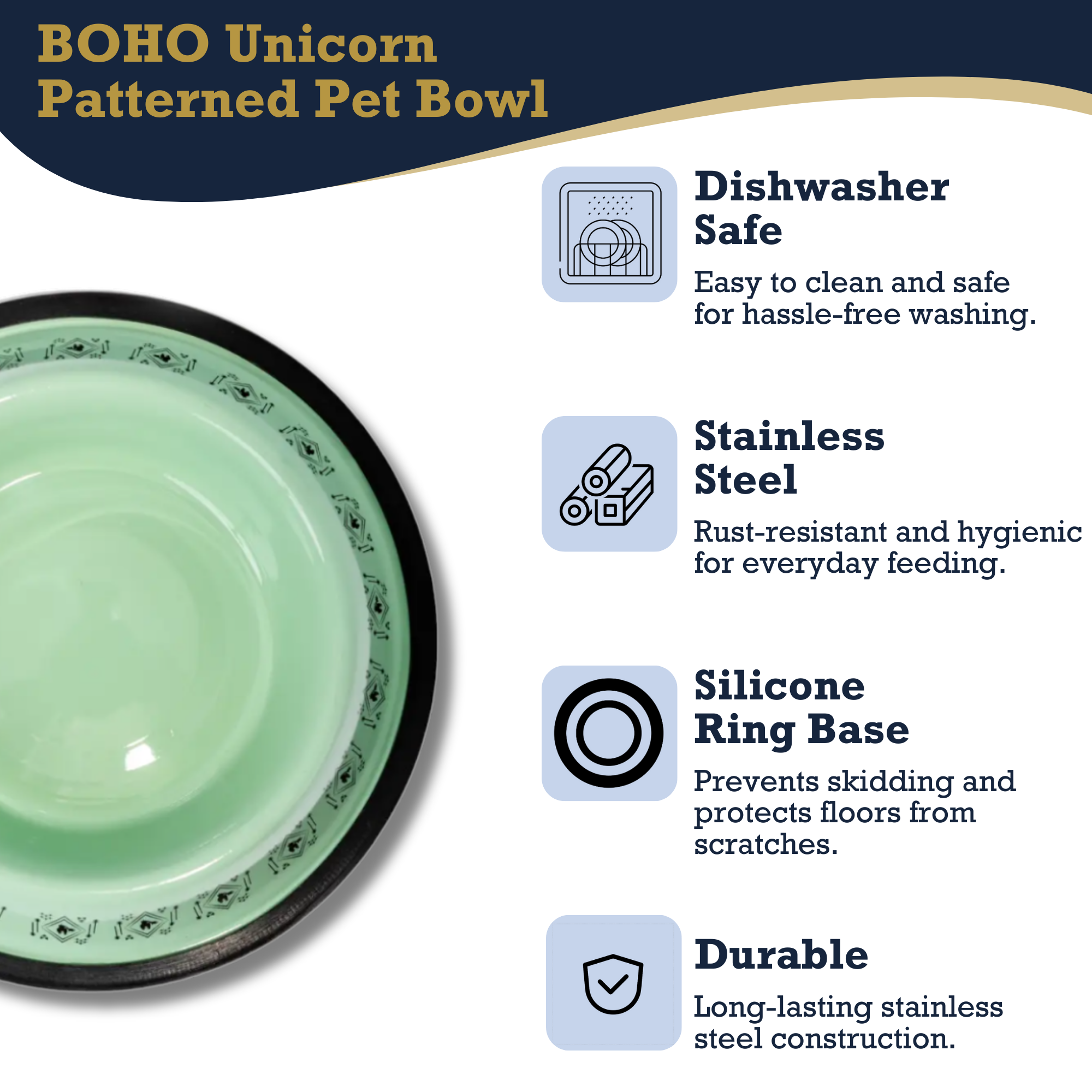 Non-Skid Boho Stainless Steel Dog Bowl – with Whimsical Unicorn Design, Silicone Base for Medium Dogs – 24oz - BIG FRENCHIES