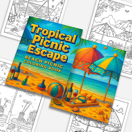 Tropical Picnic Escape Coloring Page – 48 Pages – Beach Picnic Theme – For Adults - BIG FRENCHIES