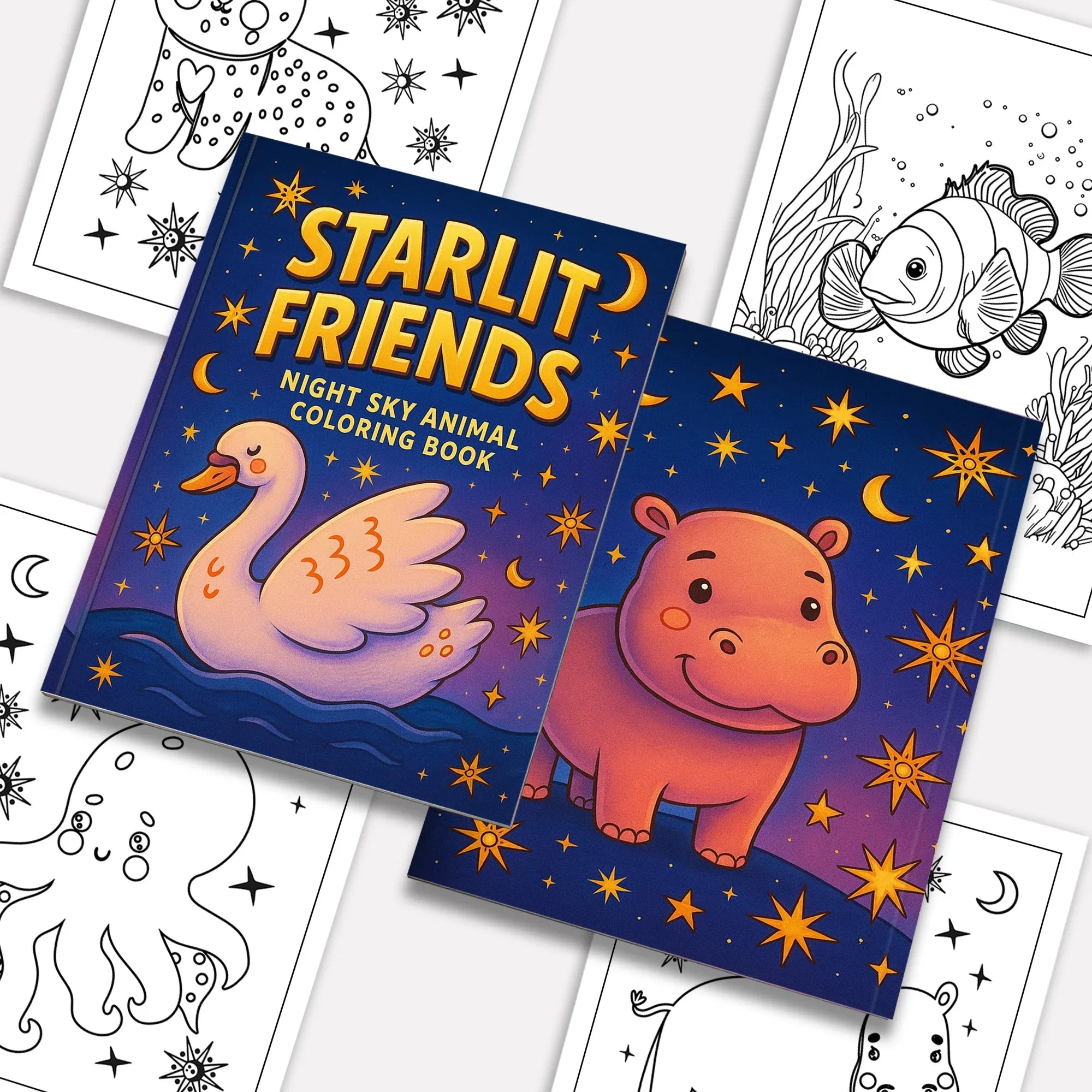 Starlit Friends Coloring Pages – 48 Pages – Cute Night Animals – For Kids - BIG FRENCHIES
