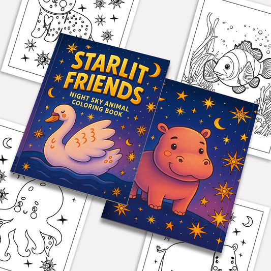 Starlit Friends Coloring Pages – 48 Pages – Cute Night Animals – For Kids - BIG FRENCHIES