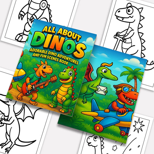 All About Dinos Coloring Pages – 48 Pages – Adorable Dino Adventures and Fun Scenes – For Kids - BIG FRENCHIES
