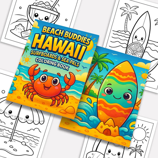 Beach Buddies Hawaii Coloring Pages – 48 Kawaii Surf & Sea Creatures – For Kids - BIG FRENCHIES