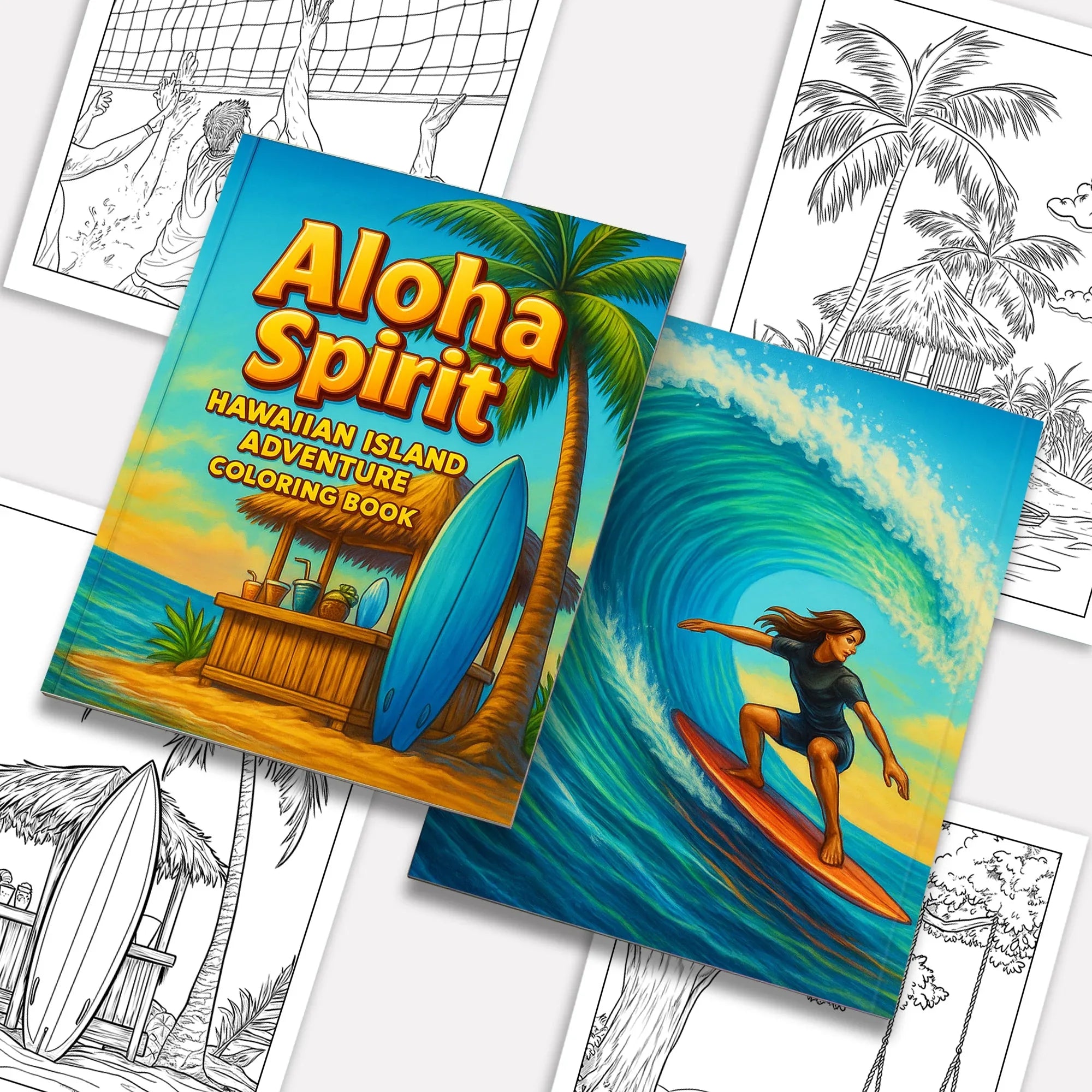 Aloha Spirit Hawaiian Coloring Pages – 48 Pages – Cute Island Life, Palm Trees, Surfboards – For Kids - BIG FRENCHIES