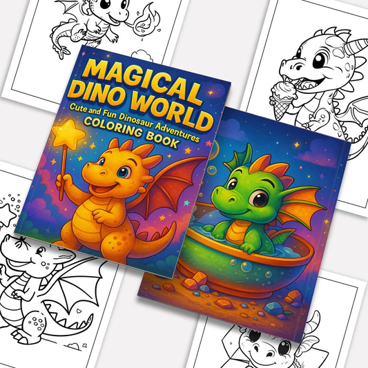 Magical Dino World Coloring Pages – 48 Pages – Cute Dinosaur Adventures, Bath Time and Magic Scenes – For Kids - BIG FRENCHIES