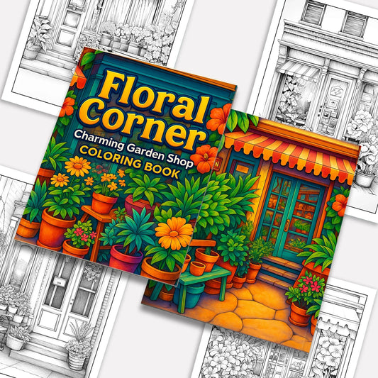 Floral Corner Coloring Pages – 48 Pages – Plant Shop Scene, Pots & Leaves, Peaceful Garden – For Adults - BIG FRENCHIES