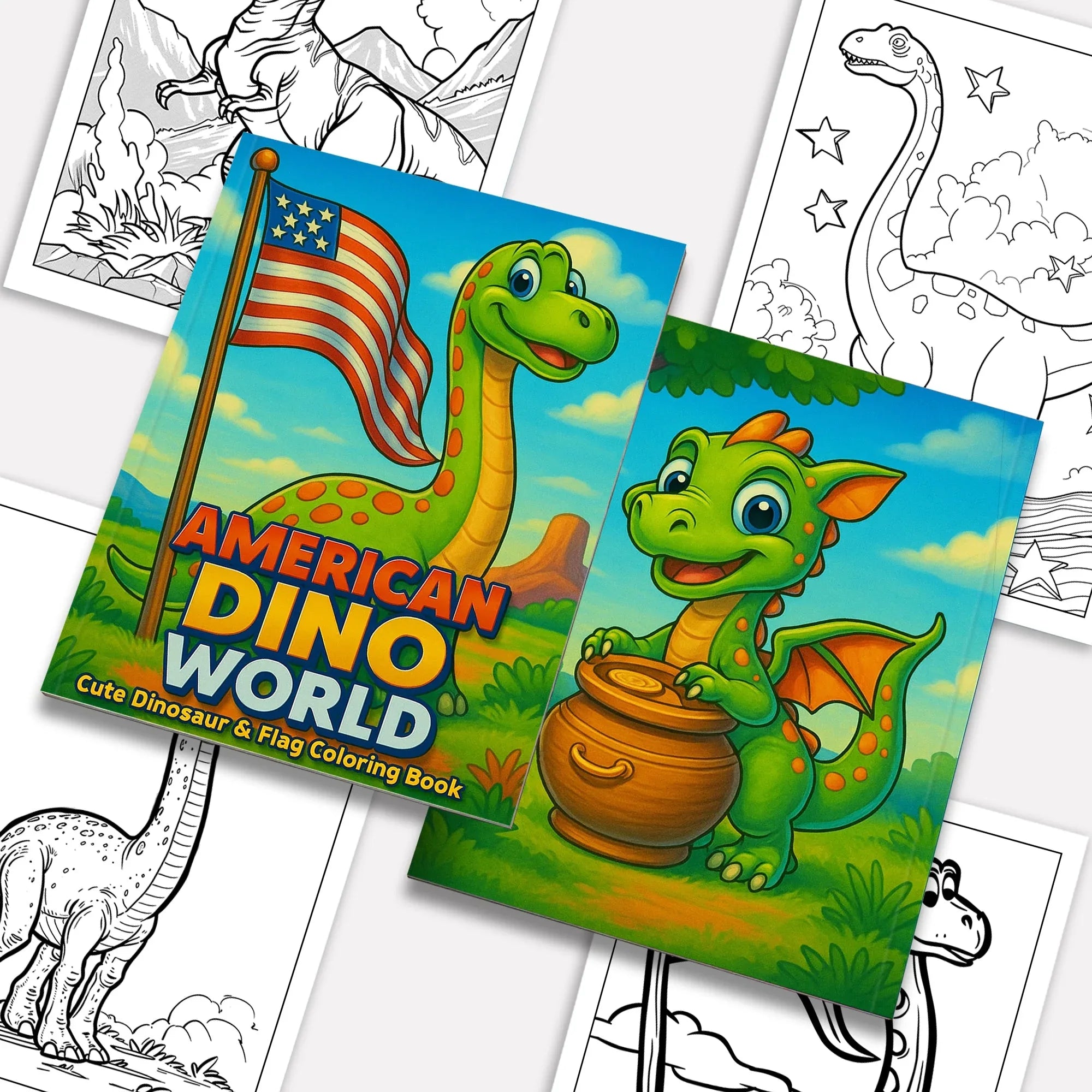 American Dino World – Cute Dinosaur & Flag Coloring Pages – 48 Pages – Cartoon Dino, Patriotic Scene – For Kids - BIG FRENCHIES