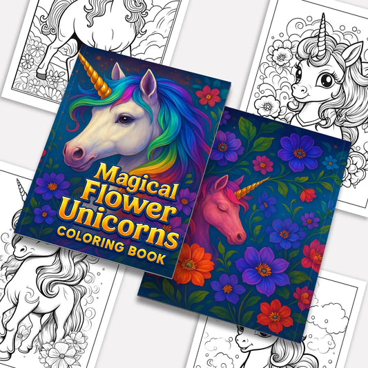 Magical Flower Unicorns – Coloring Pages – 48 Pages – Kawaii Unicorns Surrounded by Blooms – For Kids - BIG FRENCHIES