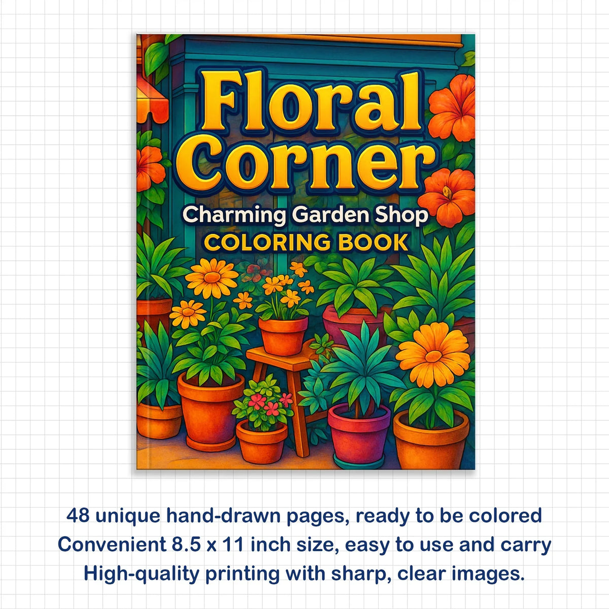 Floral Corner Coloring Pages – 48 Pages – Plant Shop Scene, Pots & Leaves, Peaceful Garden – For Adults - BIG FRENCHIES