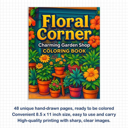 Floral Corner Coloring Pages – 48 Pages – Plant Shop Scene, Pots & Leaves, Peaceful Garden – For Adults - BIG FRENCHIES