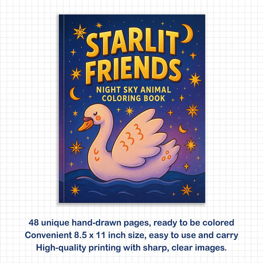 Starlit Friends Coloring Pages – 48 Pages – Cute Night Animals – For Kids - BIG FRENCHIES