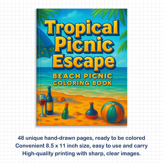 Tropical Picnic Escape Coloring Page – 48 Pages – Beach Picnic Theme – For Adults - BIG FRENCHIES