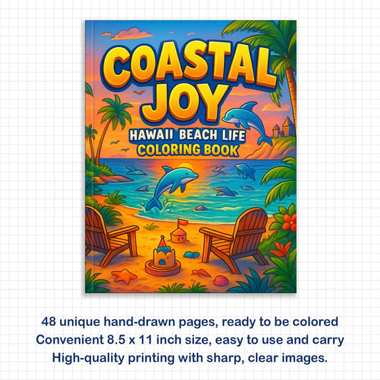 Coastal Joy Hawaii Coloring Pages – 48 Pages – Tropical Fun, Surfboards, Sea Life – For Kids - BIG FRENCHIES