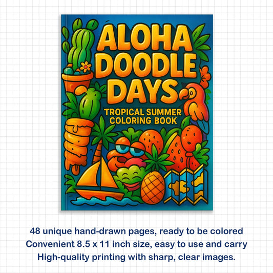 Aloha Doodle Days – Hawaii Coloring Pages – 48 Summer Vacation Scenes – For Kids - BIG FRENCHIES