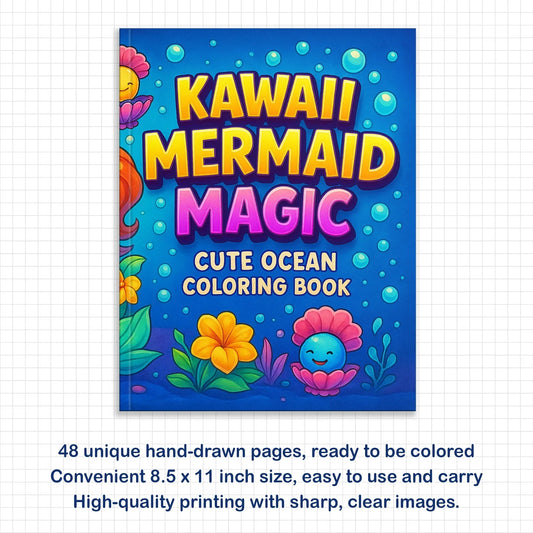 Kawaii Mermaid Magic Coloring Pages – 48 Pages – Cute Ocean, Mermaid, and Sea Life Designs – For Kids - BIG FRENCHIES
