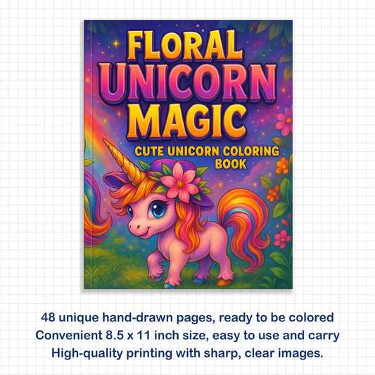 Floral Unicorn Magic Coloring Pages – 48 Pages – Adorable Flower Unicorn Designs – For Kids - BIG FRENCHIES