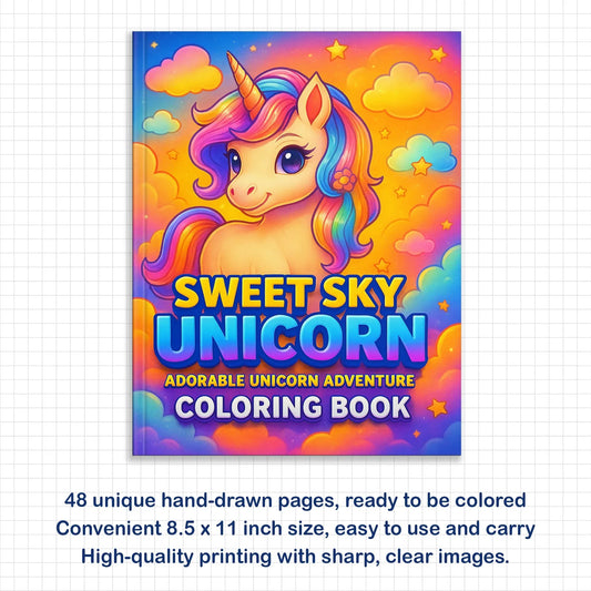 Sweet Sky Unicorn Coloring Pages – 48 Pages – Adorable Unicorn Adventure Designs – For Kids - BIG FRENCHIES