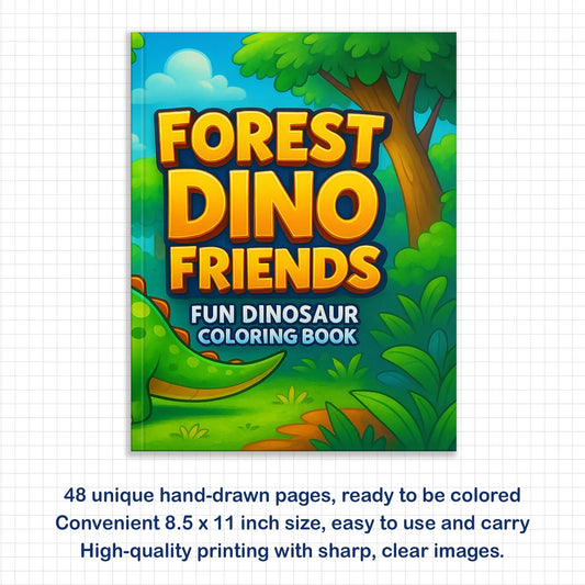 Forest Dino Friends – Fun Dinosaur Coloring Pages – 48 Pages – Jungle, Cute Dinosaurs, Simple Line Art – For Kids - BIG FRENCHIES
