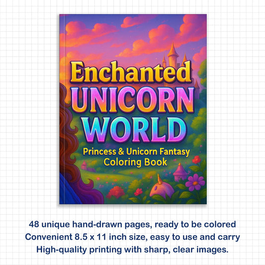 Enchanted Unicorn World Coloring Pages – 48 Pages – Magical Princess and Unicorn Fantasy – For Kids - BIG FRENCHIES