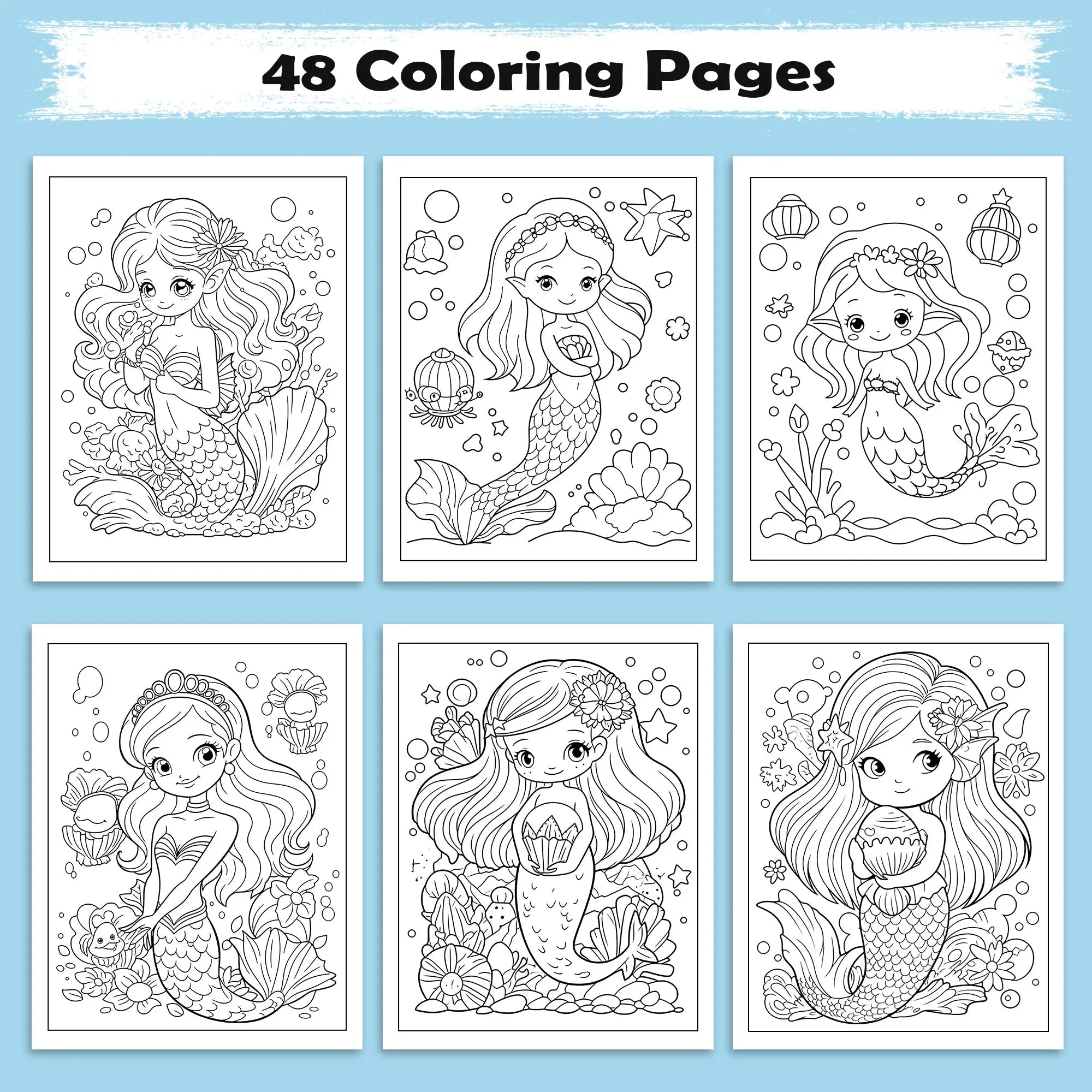 Kawaii Mermaid Magic Coloring Pages – 48 Pages – Cute Ocean, Mermaid, and Sea Life Designs – For Kids - BIG FRENCHIES