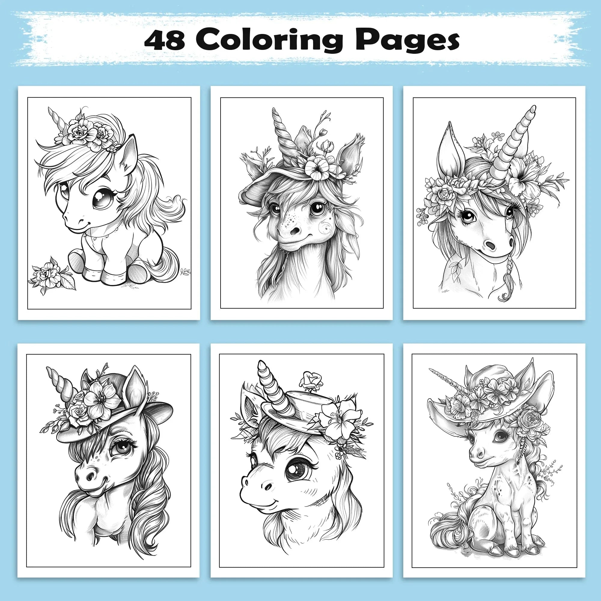 Unicorn Friends in Bloom Coloring Pages – 48 Playful and Kid-Friendly Illustrations - BIG FRENCHIES