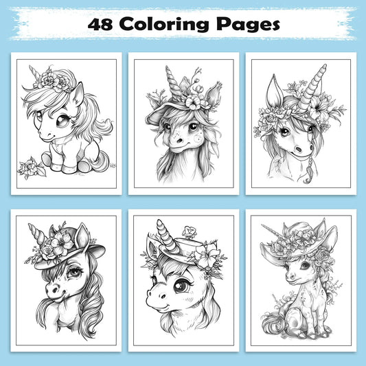 Unicorn Friends in Bloom Coloring Pages – 48 Playful and Kid-Friendly Illustrations - BIG FRENCHIES