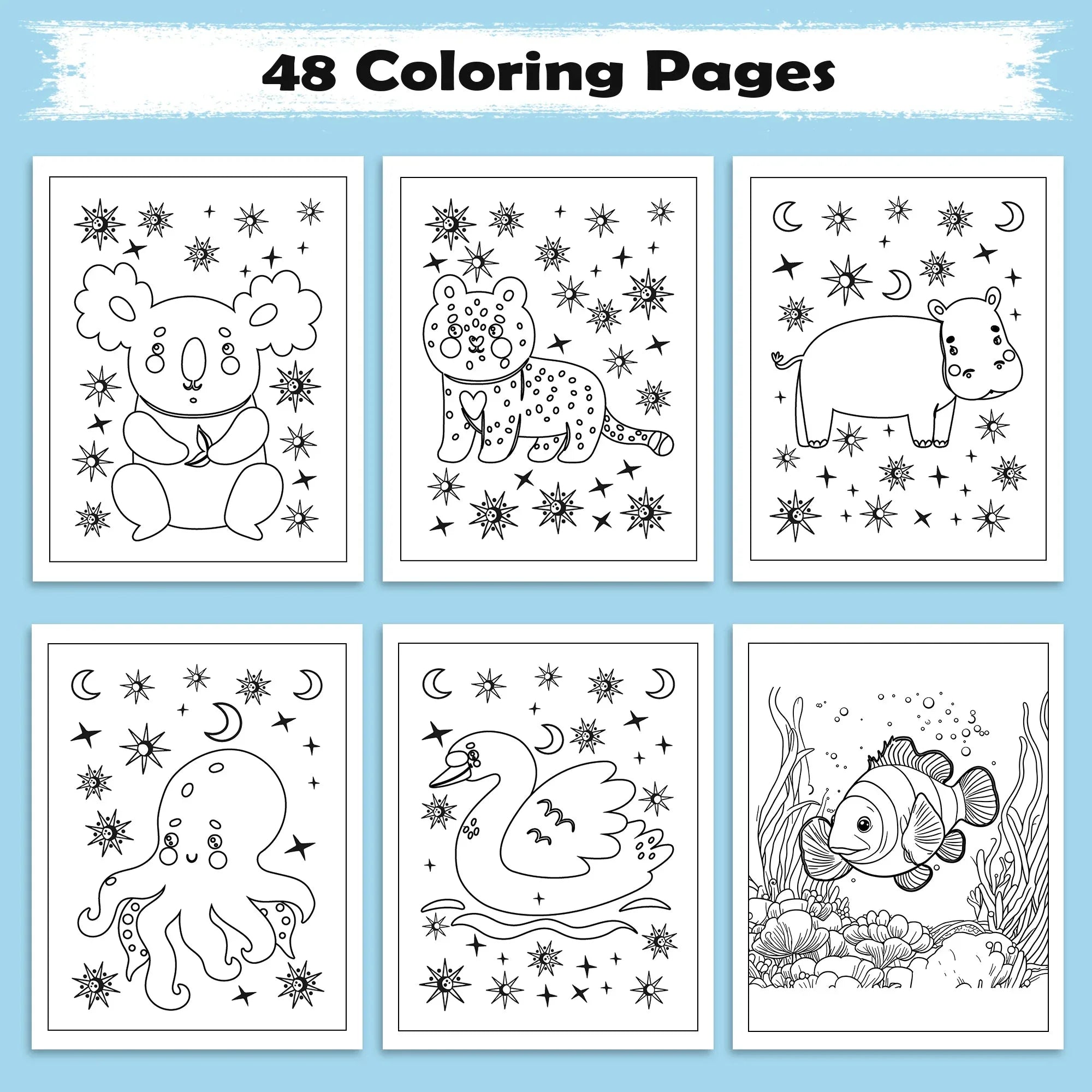 Starlit Friends Coloring Pages – 48 Pages – Cute Night Animals – For Kids - BIG FRENCHIES