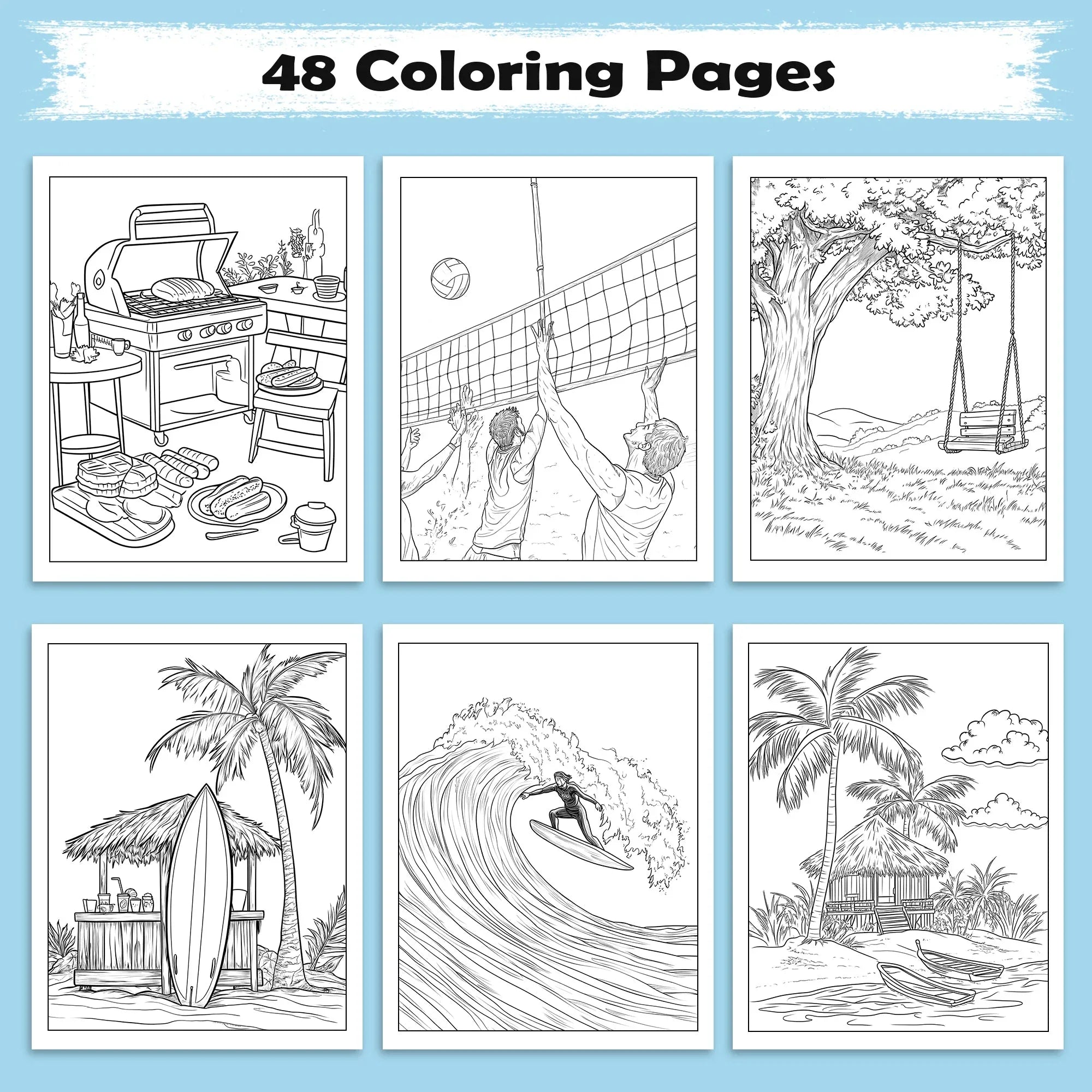 Aloha Spirit Hawaiian Coloring Pages – 48 Pages – Cute Island Life, Palm Trees, Surfboards – For Kids - BIG FRENCHIES