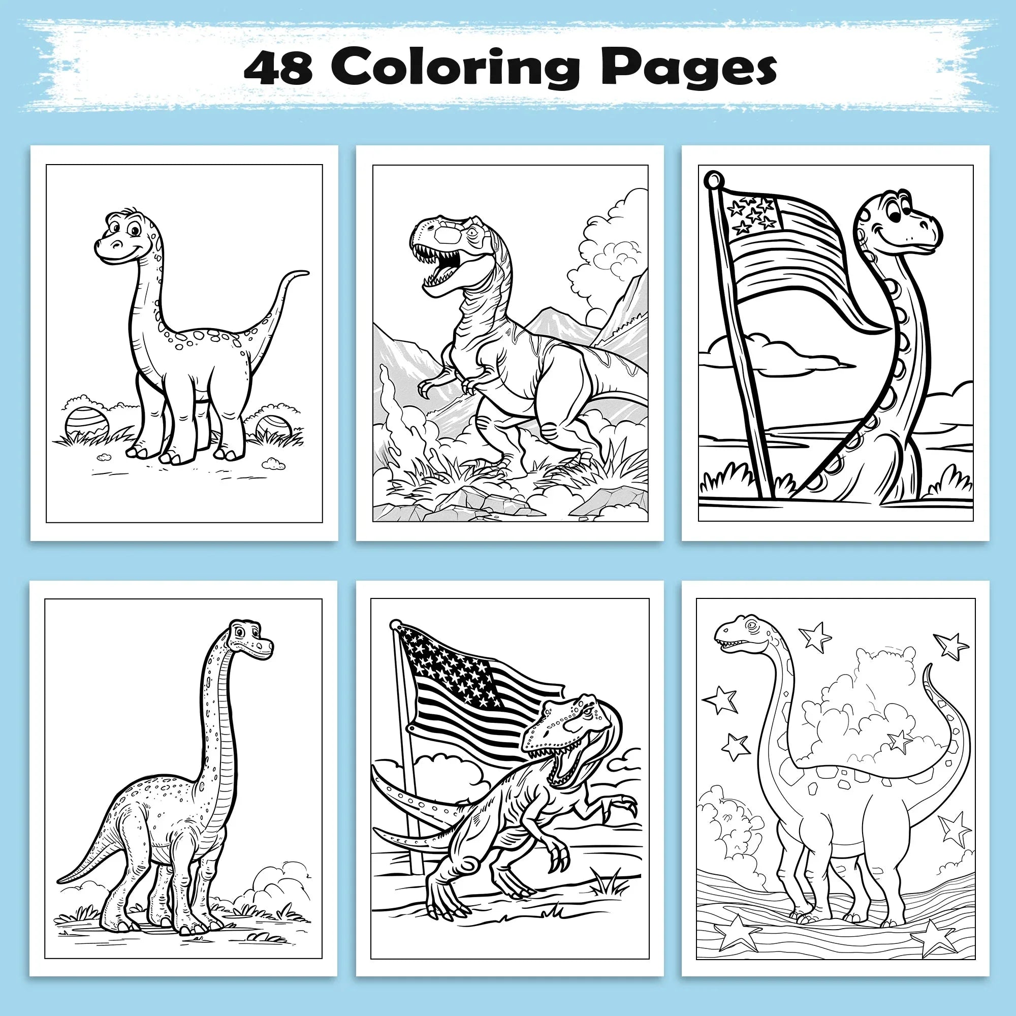 American Dino World – Cute Dinosaur & Flag Coloring Pages – 48 Pages – Cartoon Dino, Patriotic Scene – For Kids - BIG FRENCHIES