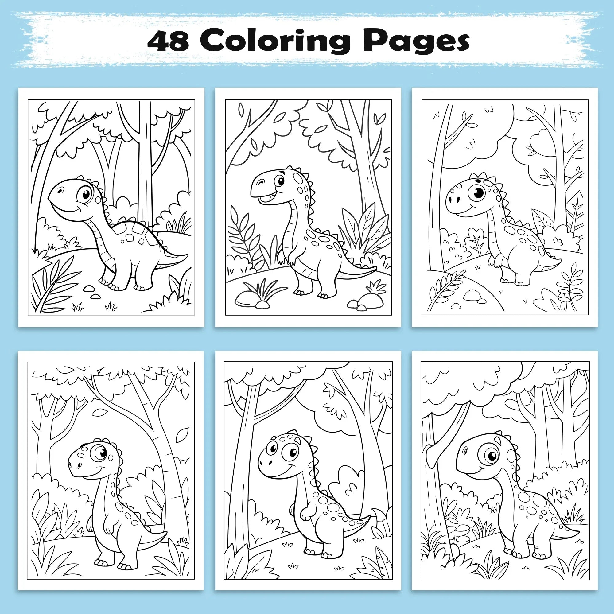 Forest Dino Friends – Fun Dinosaur Coloring Pages – 48 Pages – Jungle, Cute Dinosaurs, Simple Line Art – For Kids - BIG FRENCHIES