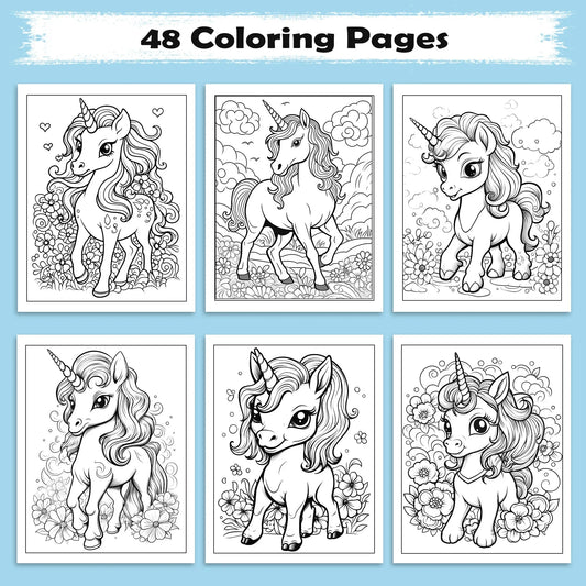 Magical Flower Unicorns – Coloring Pages – 48 Pages – Kawaii Unicorns Surrounded by Blooms – For Kids - BIG FRENCHIES