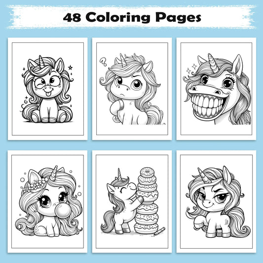 Unicorn Expressions Coloring Pages – 48 Cute Kawaii Designs for Kids - BIG FRENCHIES