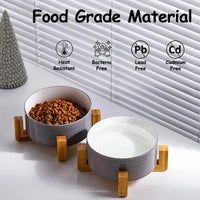 Modern Ceramic Cat & Dog Bowl Set with Wood Stand, Non-Slip, Set of 2