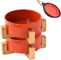 Modern Ceramic Cat & Dog Bowl Set with Wood Stand, Non-Slip, Set of 2