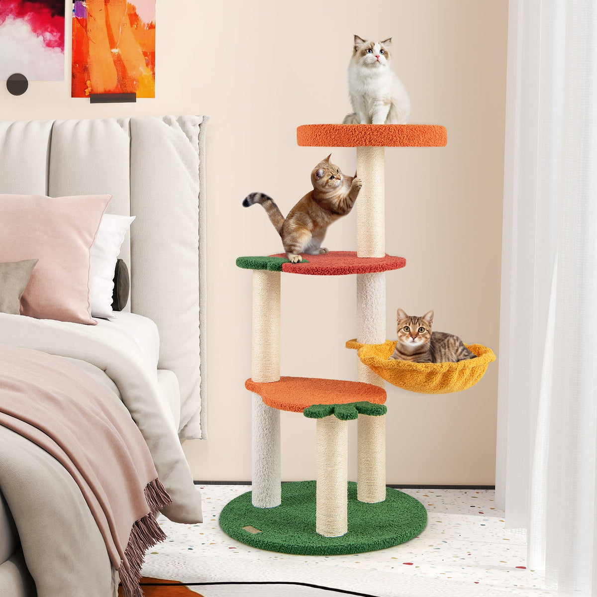 Multi-level Cat Tree Pet Activity Center with Fruit-shaped Platforms-Red and Orange