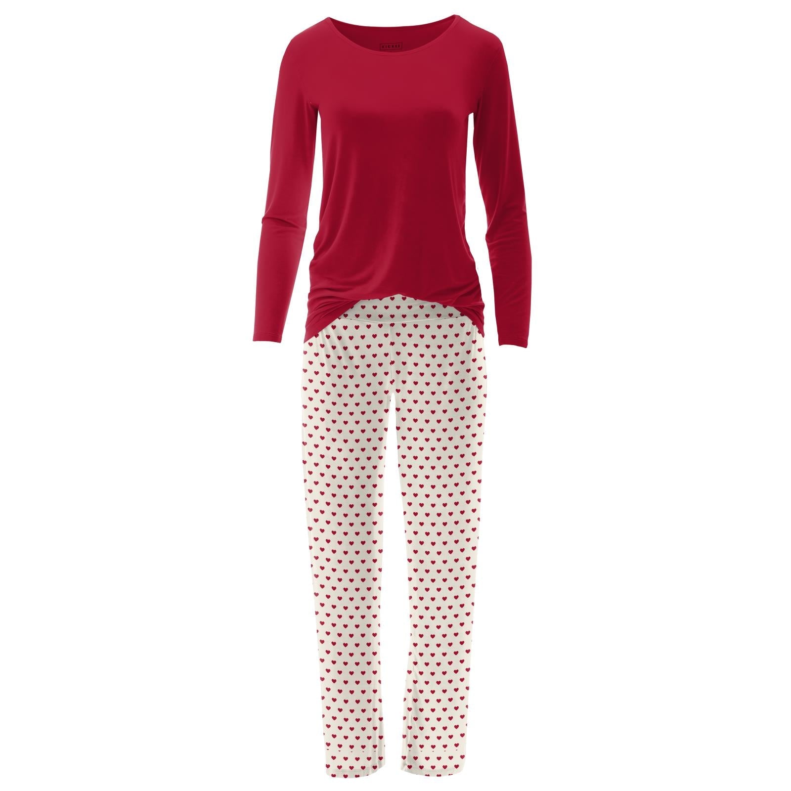 Women's Long Sleeve Relaxed Tee & Pajama Pants Set in Natural Hearts