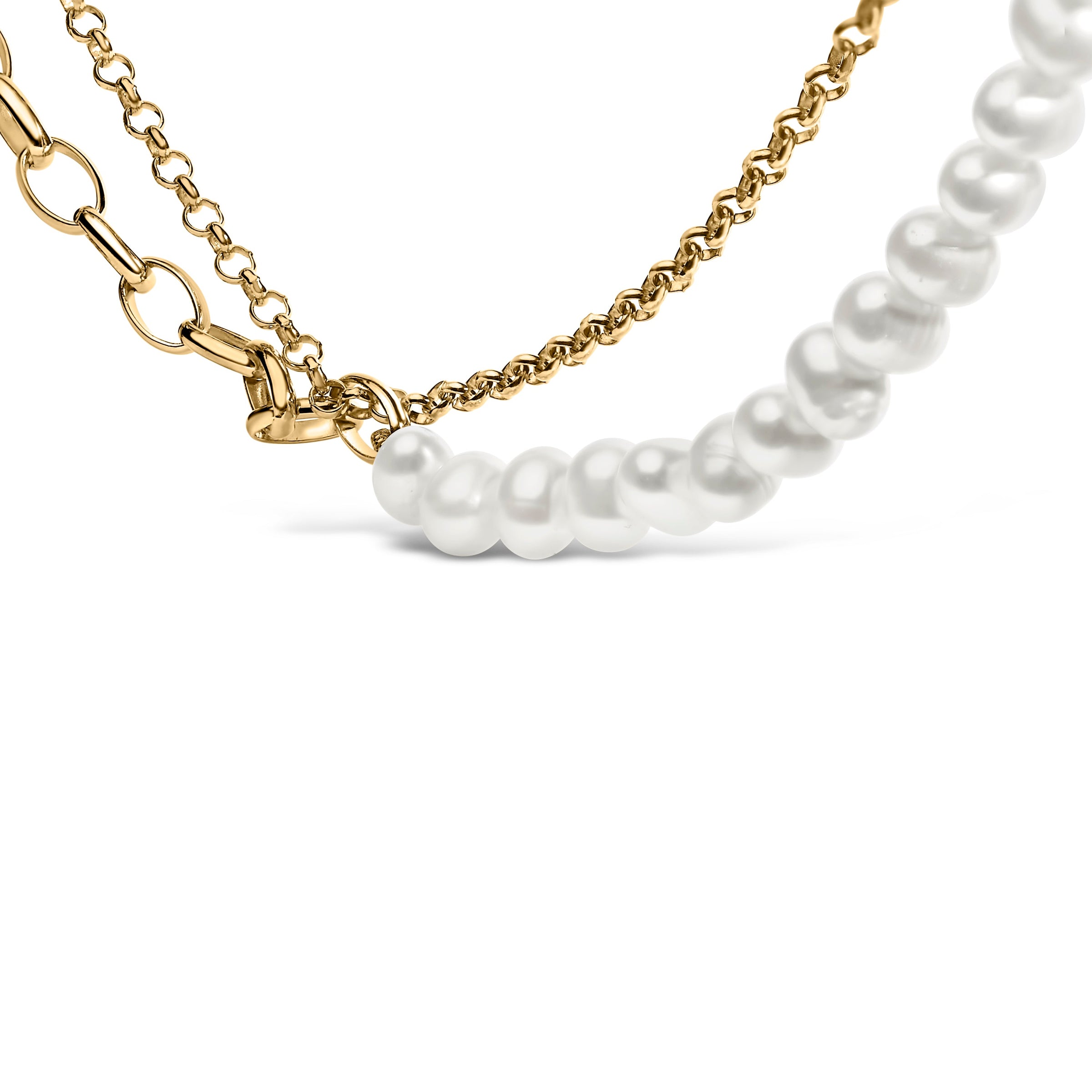 18K Yellow Gold Vermeil Cultured Pearl Strand Necklace with Rolo and Paperclip Chain