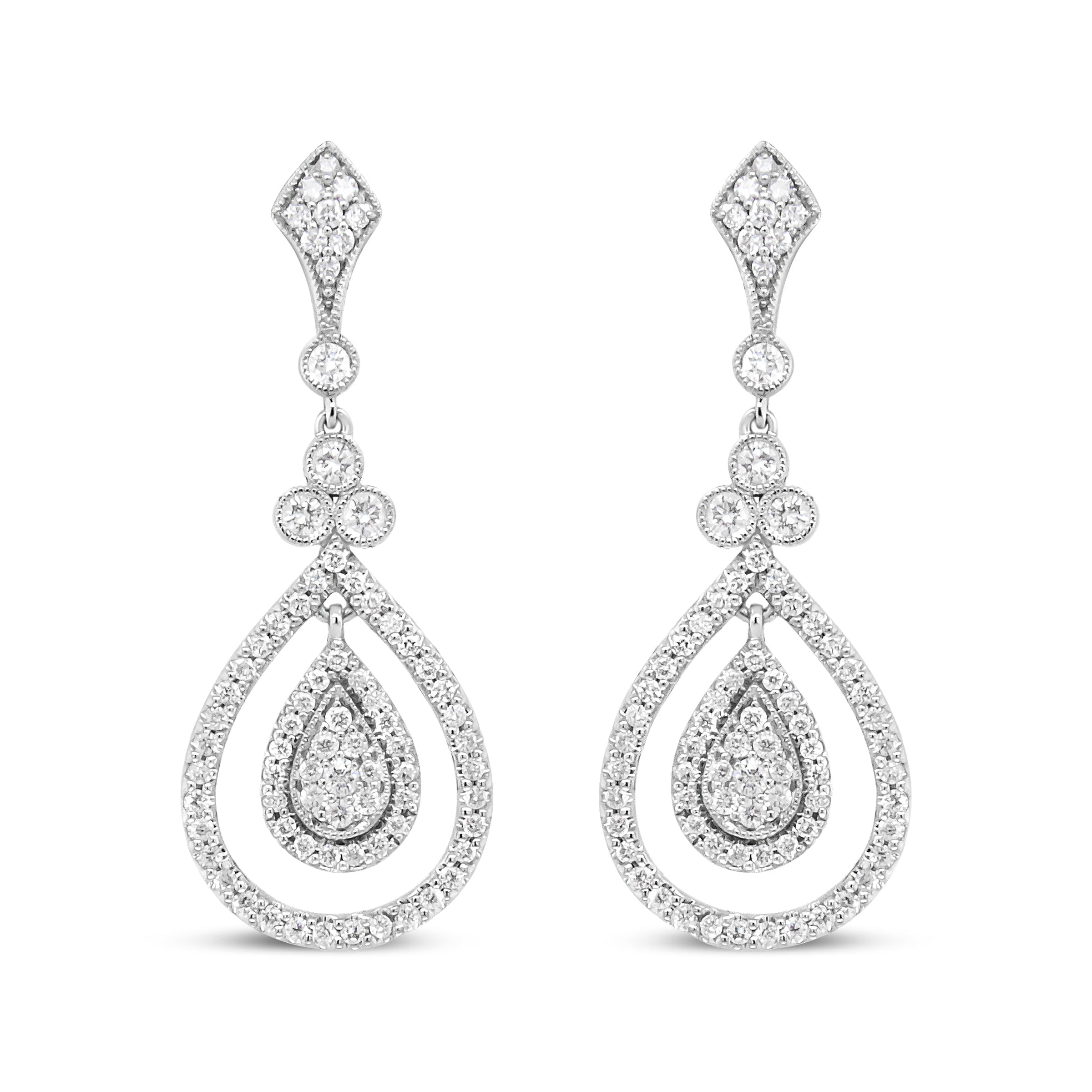 18K White Gold 1 1/4 Cttw Round Diamond Openwork Teardrop-Shaped Dangle Earrings (F-G Color, VS1-VS2 Clarity)