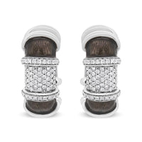 18K White Gold Flash Plated .925 Sterling Silver Clear Graphite Grey Enamel 5/8 Cttw Round Diamonds Huggie Hoop Earrings (F-G Color, VS1-VS2 Clarity)