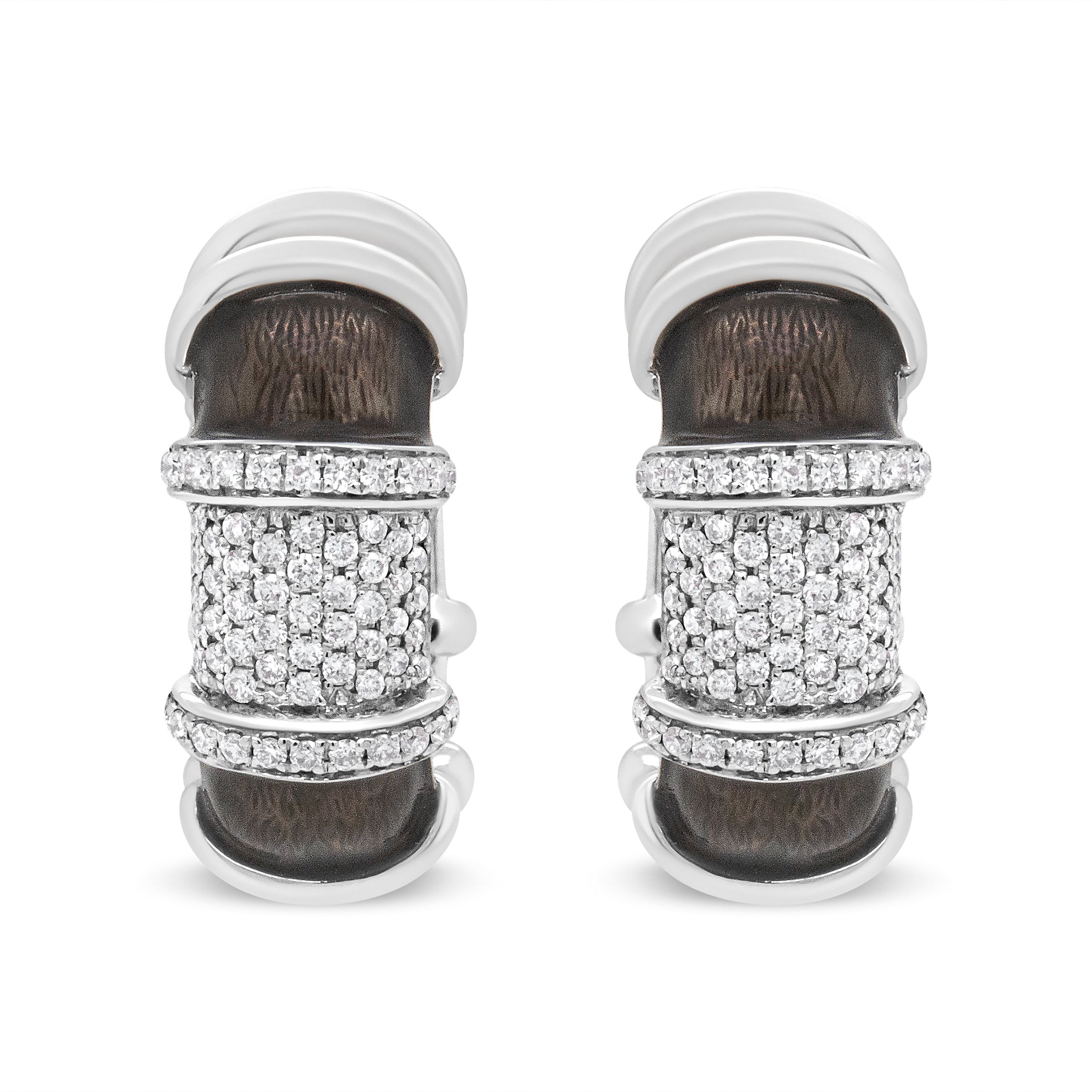 18K White Gold Flash Plated .925 Sterling Silver Clear Graphite Grey Enamel 5/8 Cttw Round Diamonds Huggie Hoop Earrings (F-G Color, VS1-VS2 Clarity)