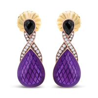 18K Rose Gold Flash Plated .925 Sterling Silver Purple Enamel 1/5 Cttw Round Pave-Set Diamond and 5.5 x 4mm Pear-Shaped Black Onyx Drop Earrings (F-G Color, VS1-VS2 Clarity)