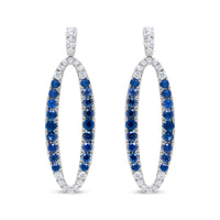 18K White Gold 1.11 Cttw Blue Round Diamond and Blue Sapphire Openwork Oval Shaped Dangle Earrings (F-G Color, VS1-VS2 Clarity)