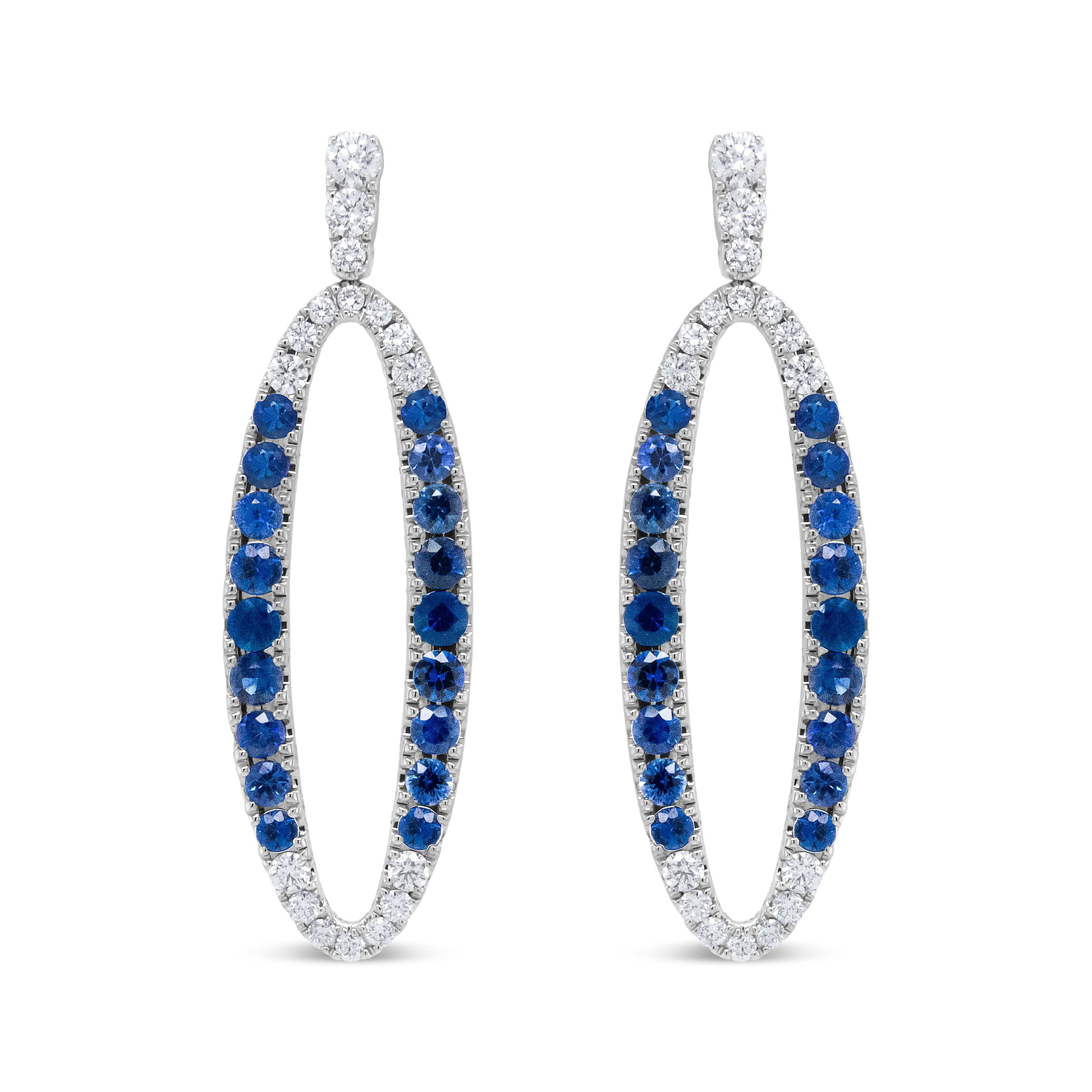 18K White Gold 1.11 Cttw Blue Round Diamond and Blue Sapphire Openwork Oval Shaped Dangle Earrings (F-G Color, VS1-VS2 Clarity)