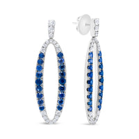 18K White Gold 1.11 Cttw Blue Round Diamond and Blue Sapphire Openwork Oval Shaped Dangle Earrings (F-G Color, VS1-VS2 Clarity)