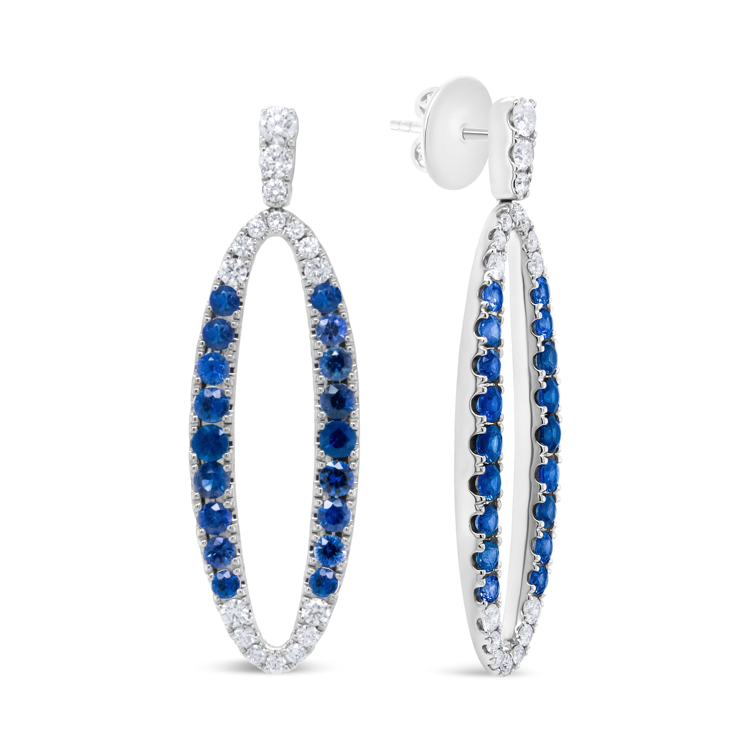 18K White Gold 1.11 Cttw Blue Round Diamond and Blue Sapphire Openwork Oval Shaped Dangle Earrings (F-G Color, VS1-VS2 Clarity)